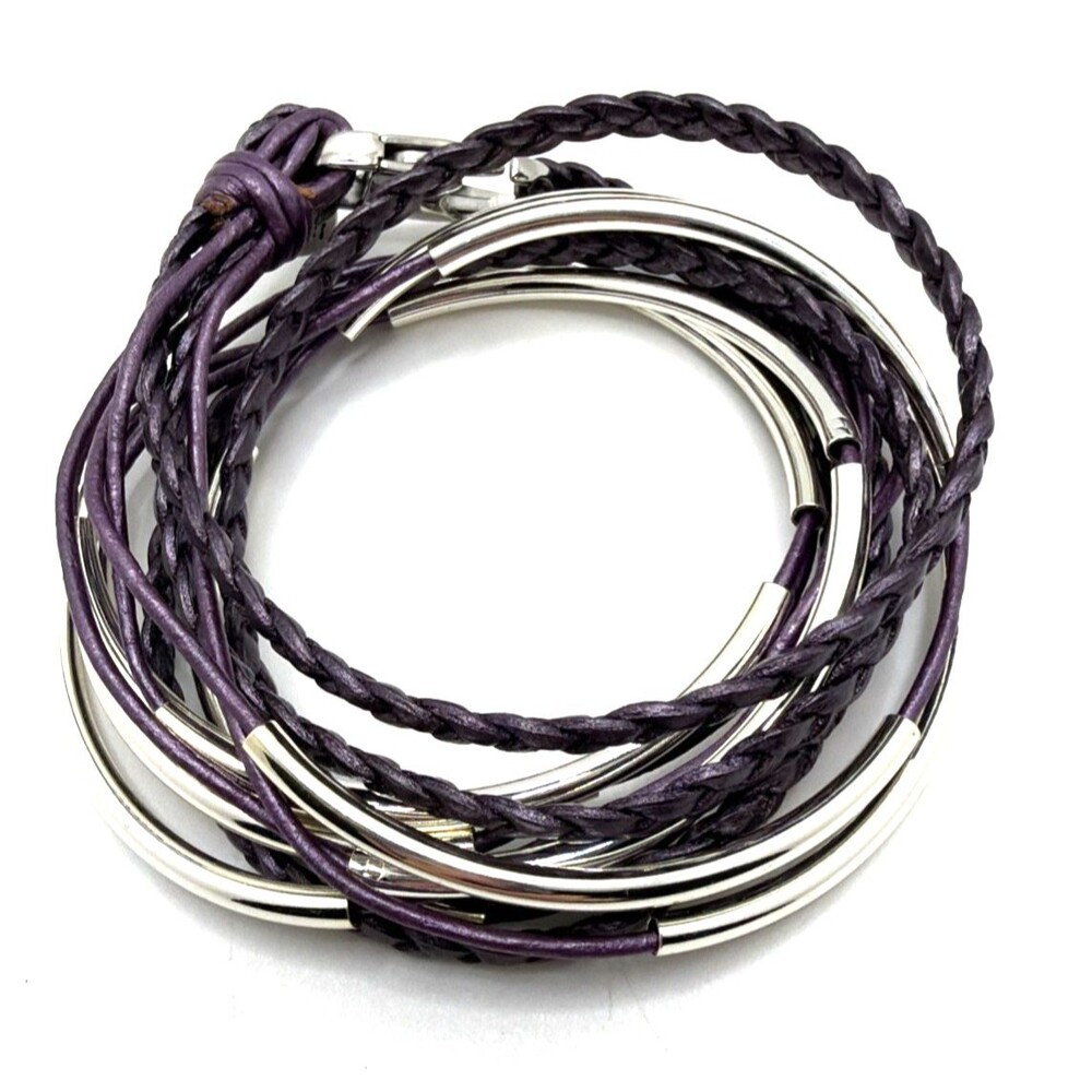 Lizzy James Purple Braided Leather Wrap Bracelet Silver Tone Tubes 15"